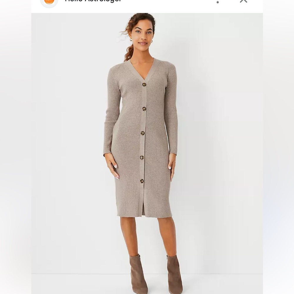 Ann Taylor Speckled Tan Ribbed Knit V Neck Cardigan Dress